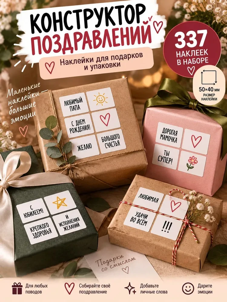 Набор наклеек для подарков и упаковки «Конструктор поздравлений», 337 шт.
